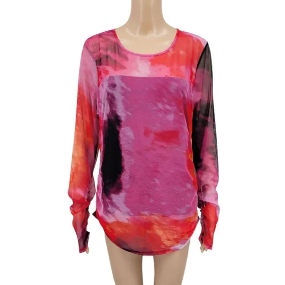 DKNY Vibrant Shocking Pink and Black Mesh Long Sleeve Women's Top